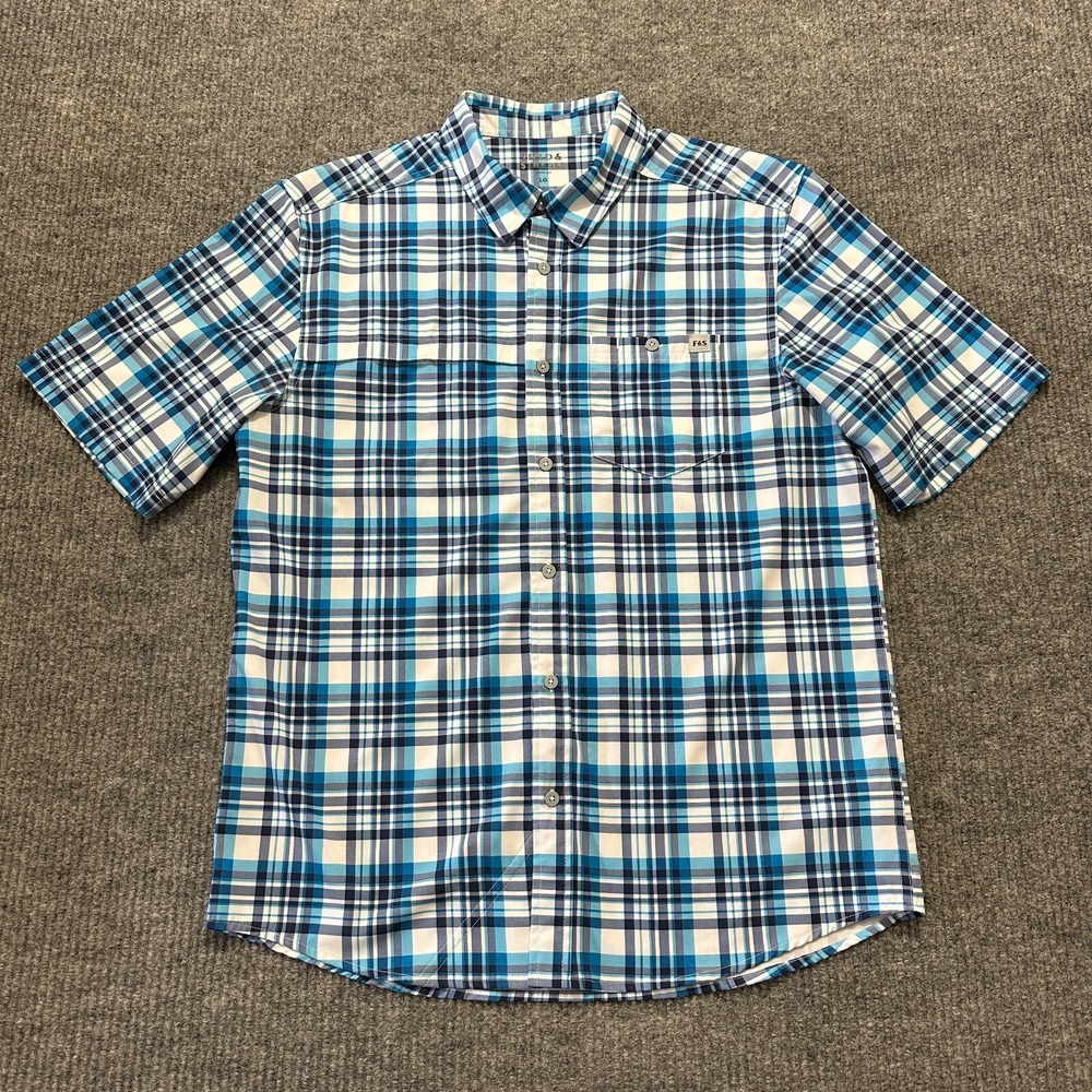 Field & Stream Mens Short Sleeve Button Plaid Shirt Size L Large Blue